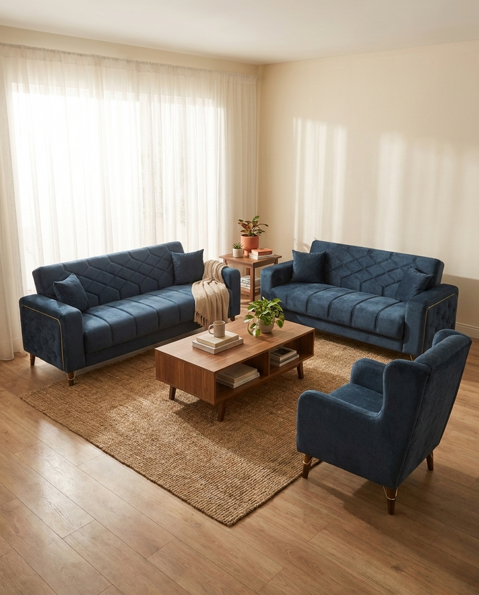 Vienna Collection — midnight blue velvet sofa set in a living room