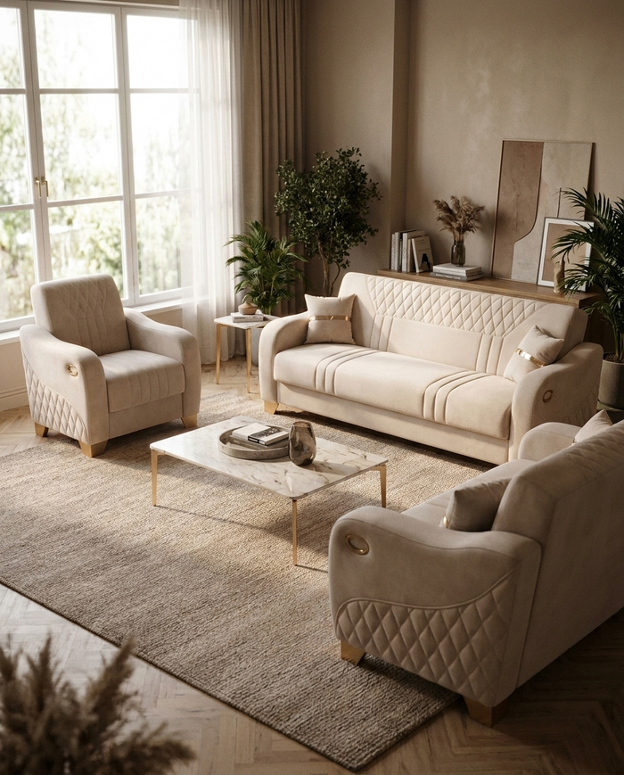 Siena Collection — cream buttoned sofa set in a warm living room