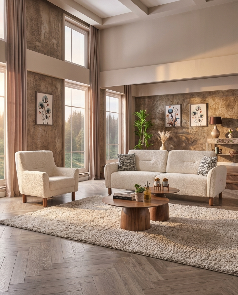 Copenhagen Collection — ivory boucle sofa set with oak-style legs