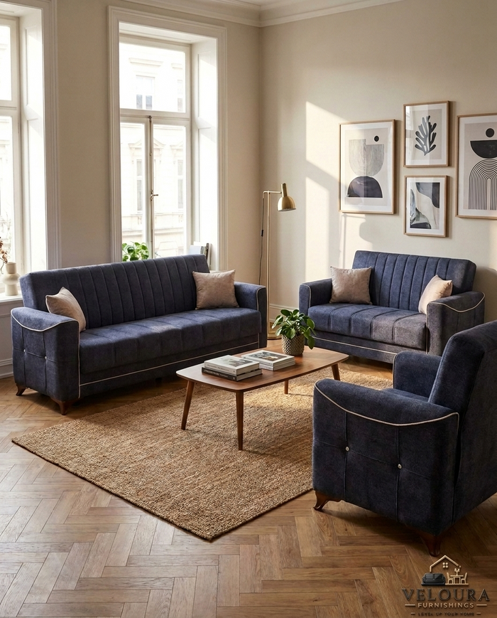 Florence Collection — deep blue channel-tufted sofa set in a living room