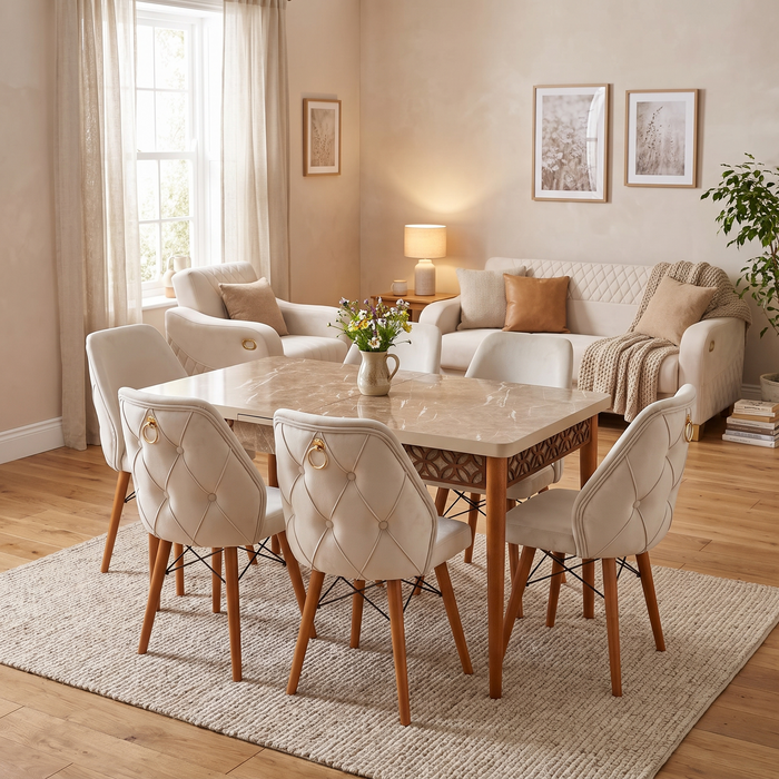 Lisbon dining set in a warm family living-dining room — beige marble-effect top on wooden legs with six cream velvet chairs, Siena cream sofa behind