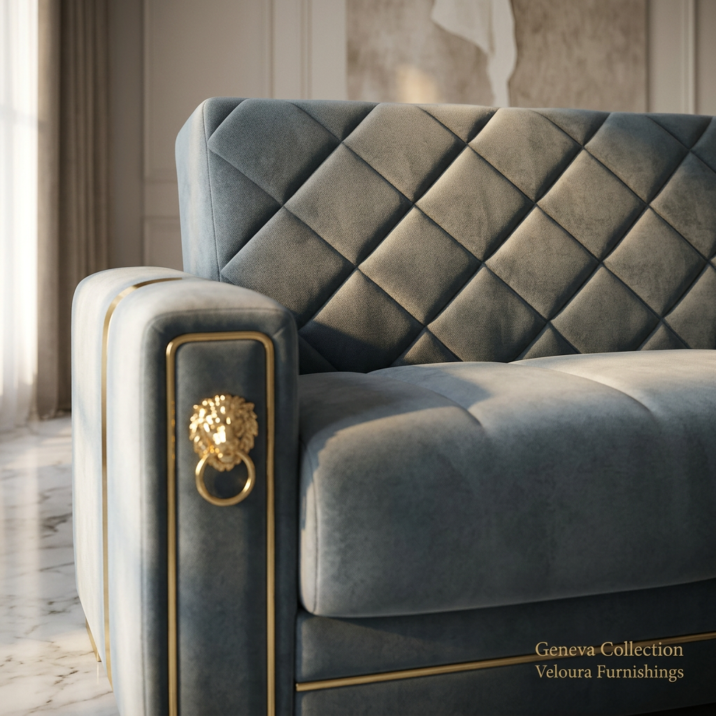 Geneva Collection — close-up of grey-blue diamond quilting and gold trim