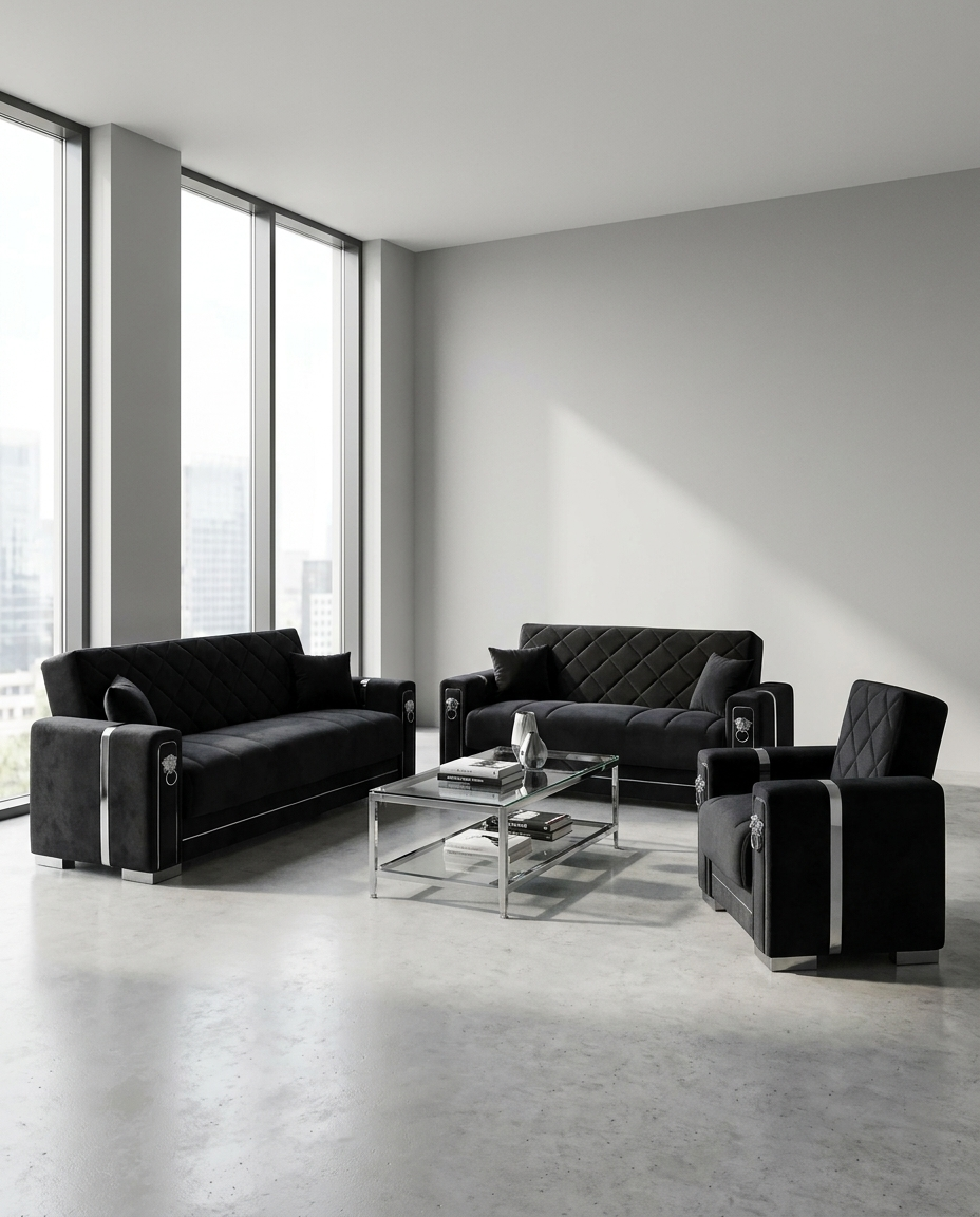 Berlin Collection — black and silver sofa set in a modern living room