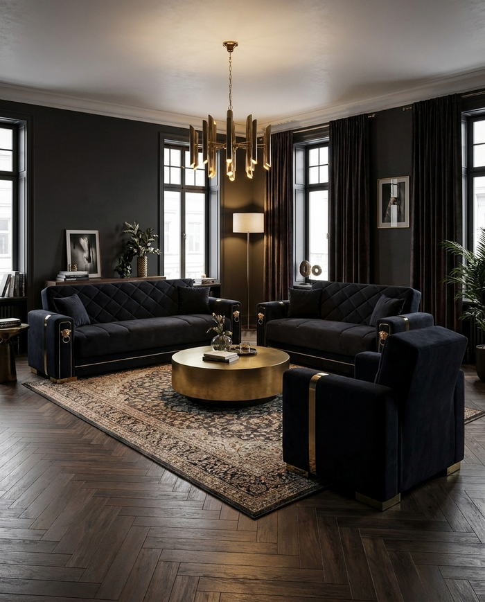 Monaco Collection — black velvet and gold sofa set in a dark living room