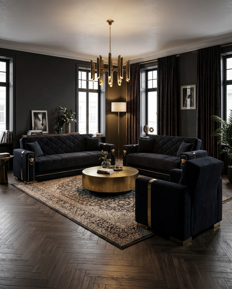 Monaco Collection — black velvet and gold sofa set in a dark living room