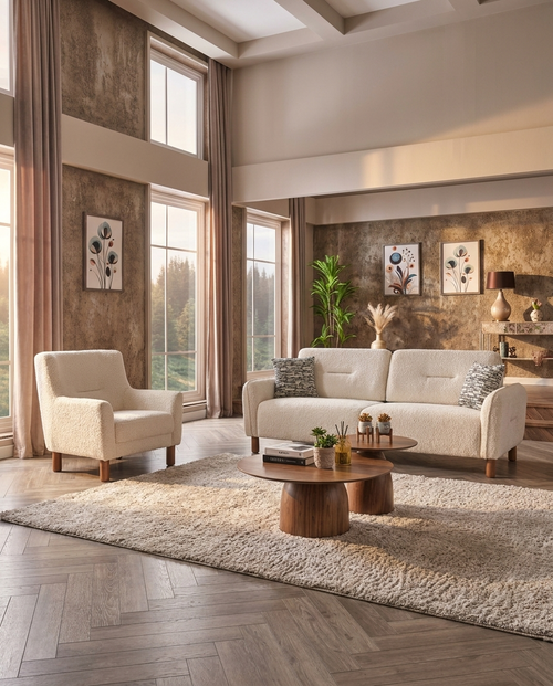 Copenhagen Collection — ivory boucle sofa set with oak-style legs