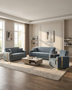 Geneva Collection — grey and gold sofa set in a living room