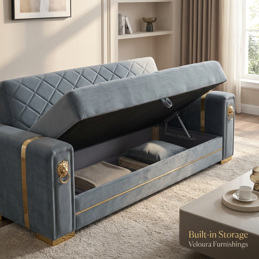 Geneva Collection — built-in storage compartment open