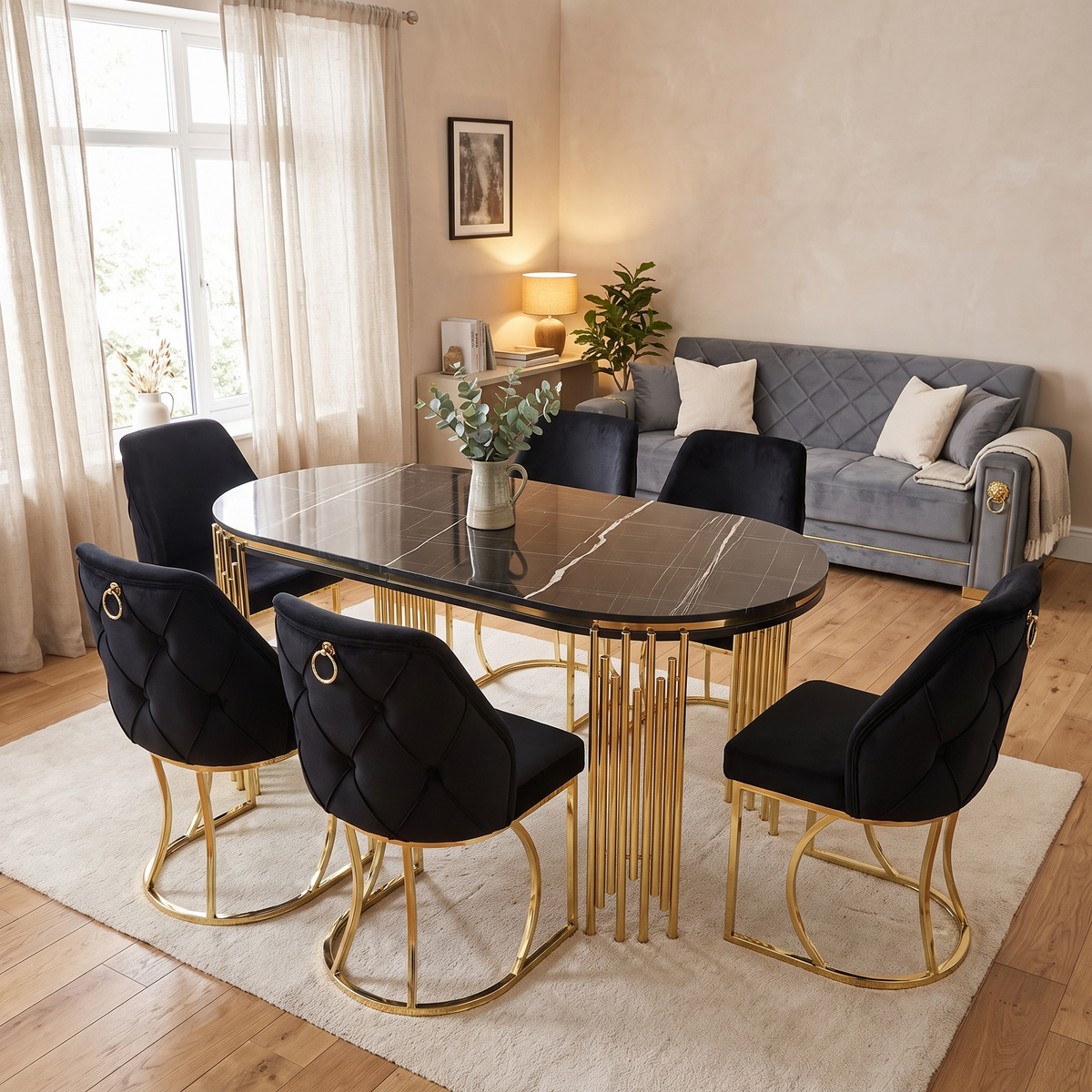 Prague oval dining table in a warm living-dining room