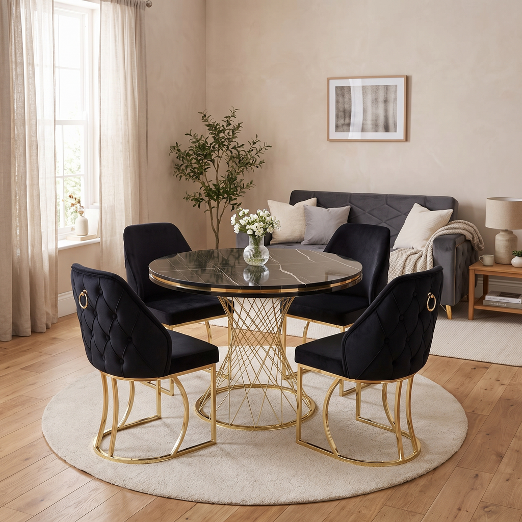 Capri round dining table in a warm living-dining room