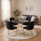 Capri round dining table in a warm living-dining room