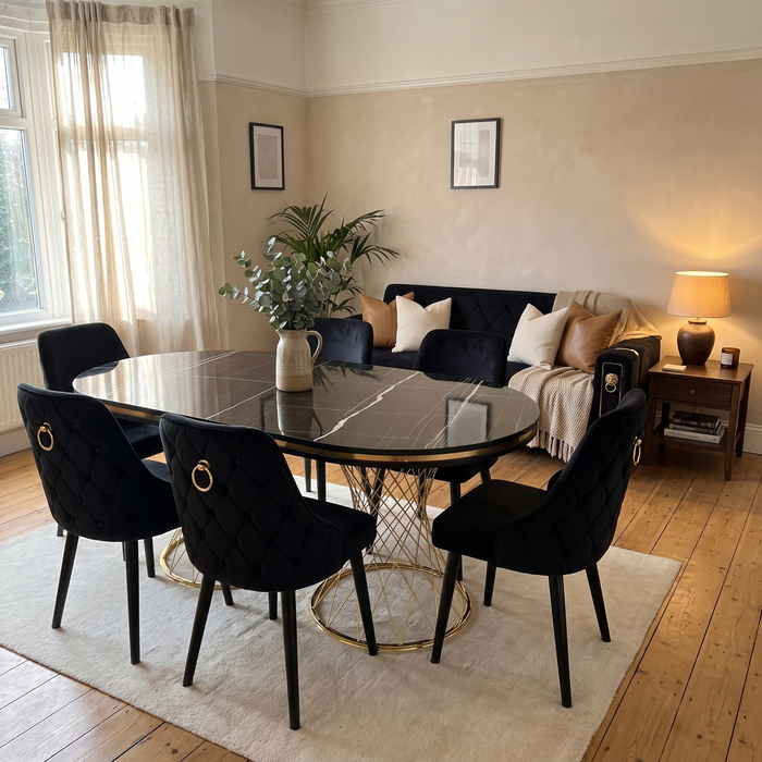 Milan dining set in a warm family living-dining room, six black velvet chairs, Monaco black velvet sofa behind