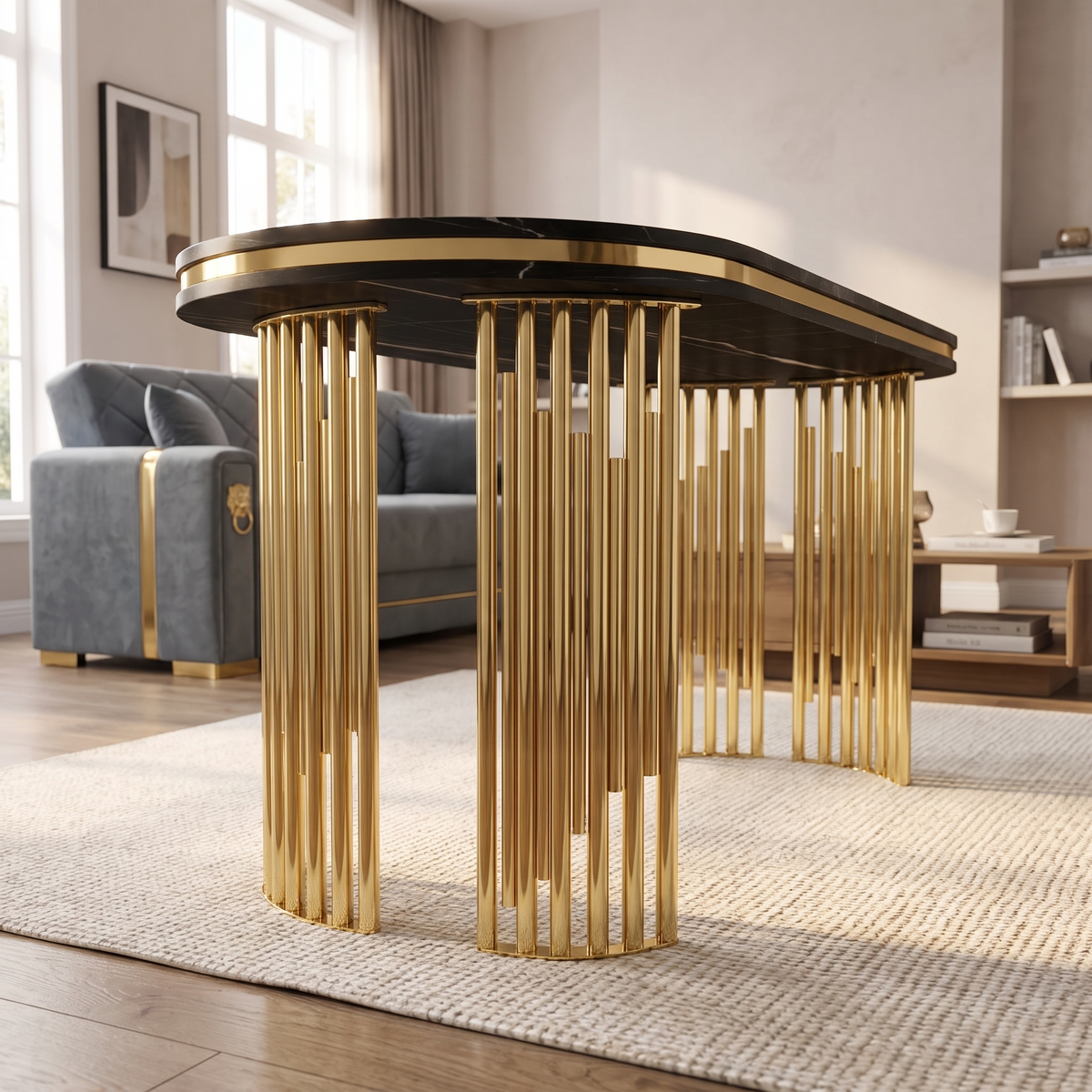 Prague dining table base detail — two free-standing clusters of upright gold pipes