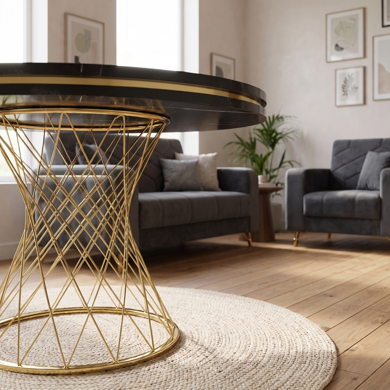 Capri dining table base detail — single central gold wire pedestal under the round black marble-effect top