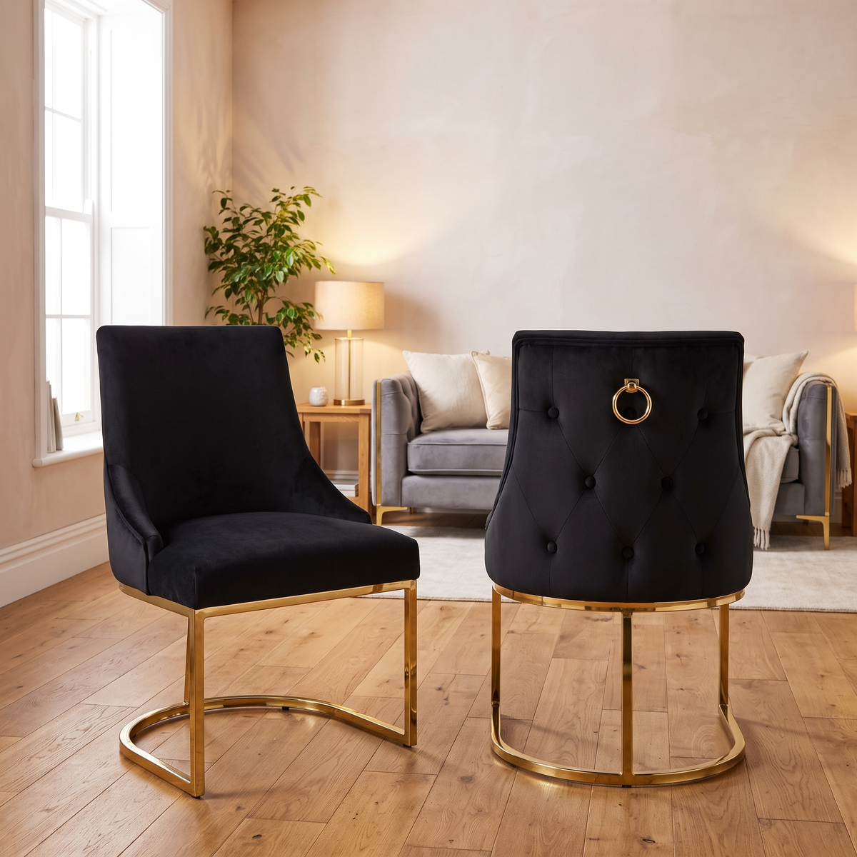Prague dining chairs — smooth black velvet front and the buttoned outer back with its gold ring pull