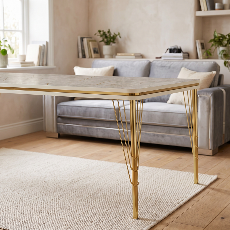 Paris dining table detail — white edge band with gold trim line and one wired gold leg