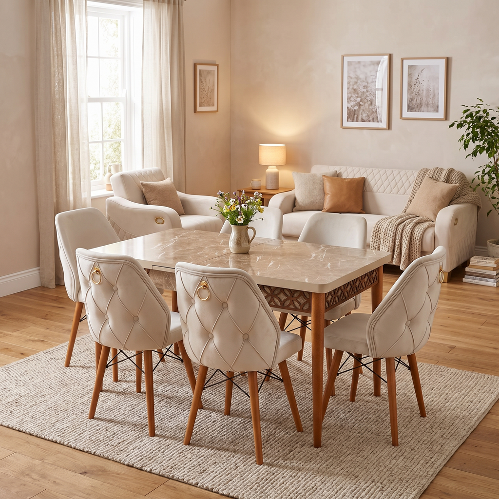 Lisbon dining set in a warm family living-dining room — beige marble-effect top on wooden legs with six cream velvet chairs, Siena cream sofa behind
