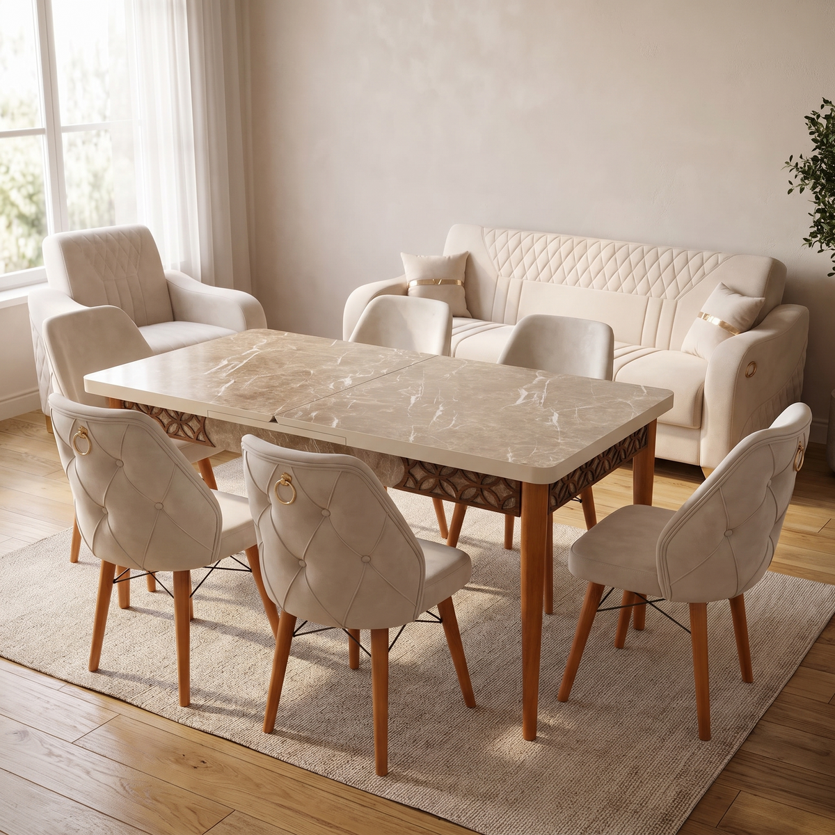 Lisbon dining table extended to its full 170 cm length with all six chairs set around it