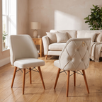 Cream velvet dining chair with a deeply buttoned scalloped back and gold ring pull on tapered wooden legs — Lisbon and Marrakesh