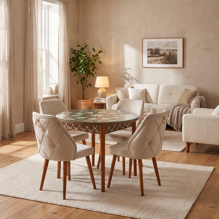 Marrakesh dining set in a warm family living-dining room — round carved star table under glass with four cream velvet chairs, Copenhagen ivory sofa behind