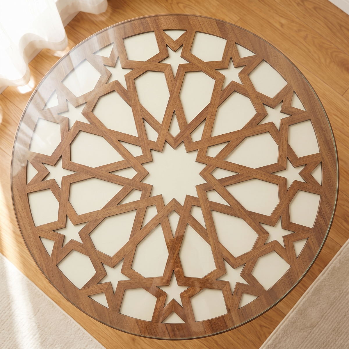 Overhead view of the Marrakesh table top — a carved eight-pointed star with interlocking geometric strapwork, seen through clear glass