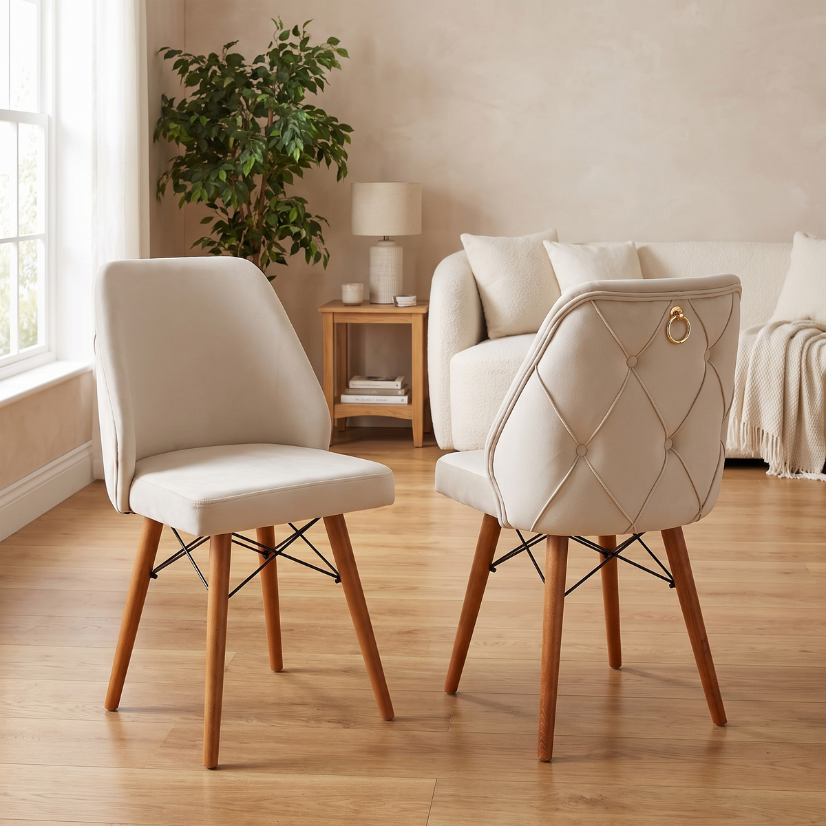 Marrakesh dining chairs — cream velvet with a deeply buttoned back and a gold ring pull, on tapered wooden legs