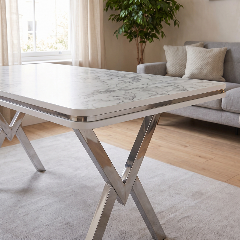 Zurich dining table detail — white edge band with chrome trim above a free-standing polished chrome V-frame