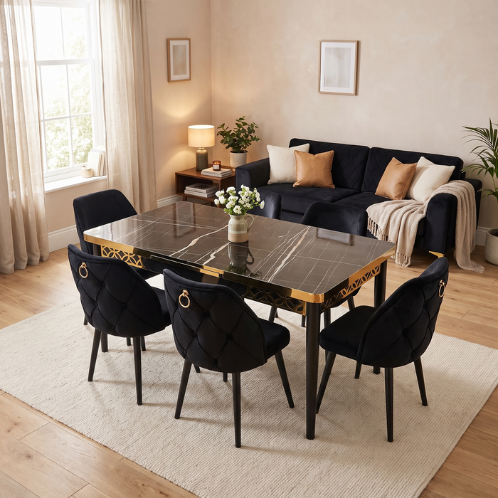 Istanbul dining set in a warm family living-dining room — glossy black marble-effect top with gold lattice apron and six black velvet chairs, Monaco black sofa behind