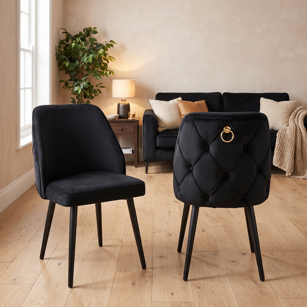 Istanbul dining chairs — black velvet with scalloped buttoning and a gold ring pull, on tapered black legs