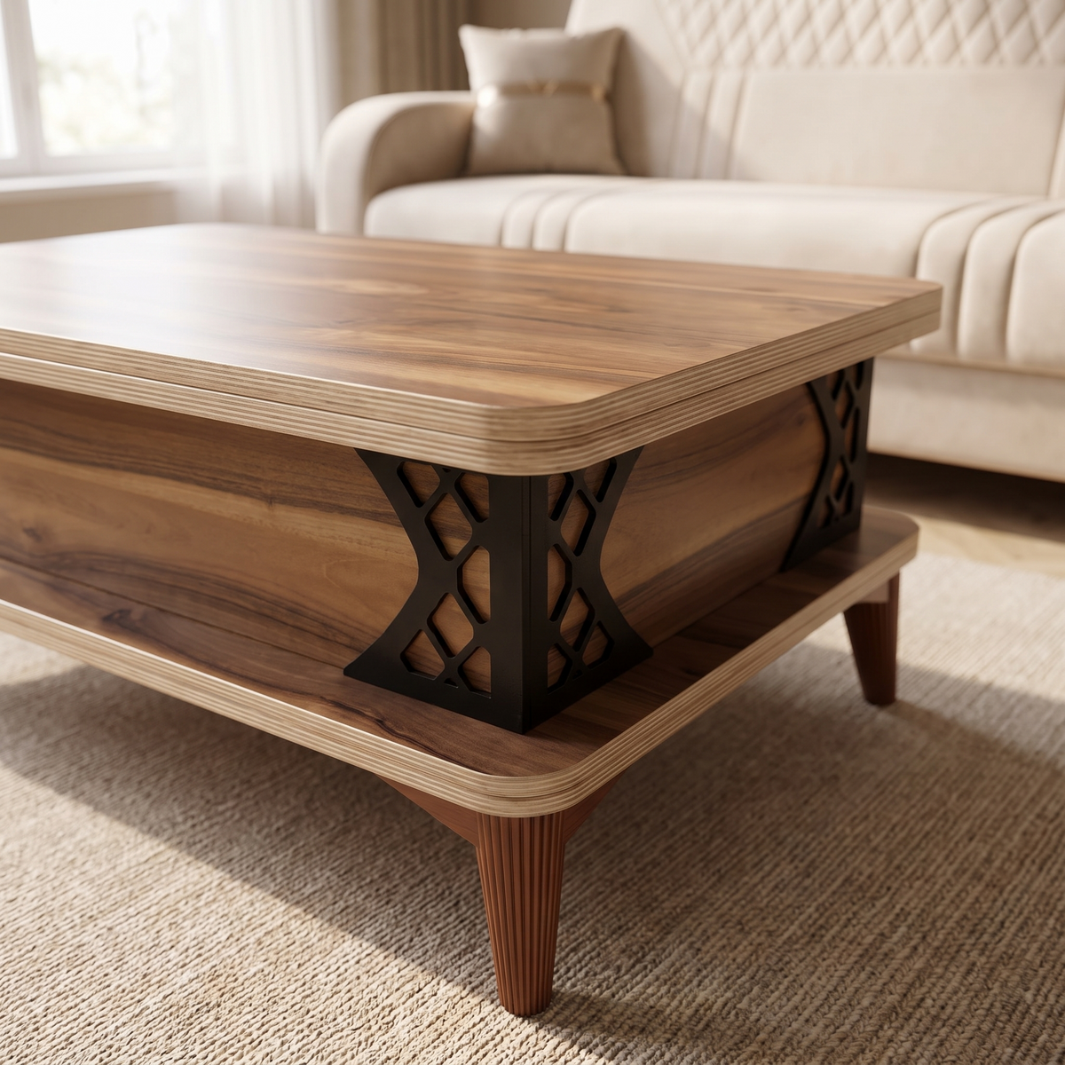 Detail of the black openwork bracket with diamond fretwork joining the table body to its lower plinth