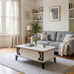 Ivory and black lift-top coffee table closed, in a living room in front of a grey sofa