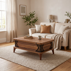 Walnut lift-top coffee table closed, in a warm living room in front of a cream velvet sofa