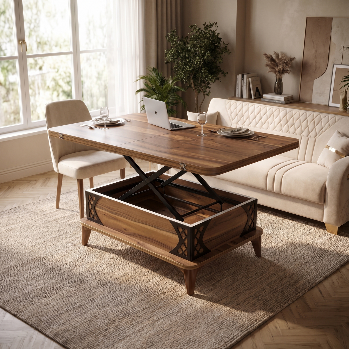 The same walnut table lifted to dining height and unfolded to twice the width, laid for two with a laptop