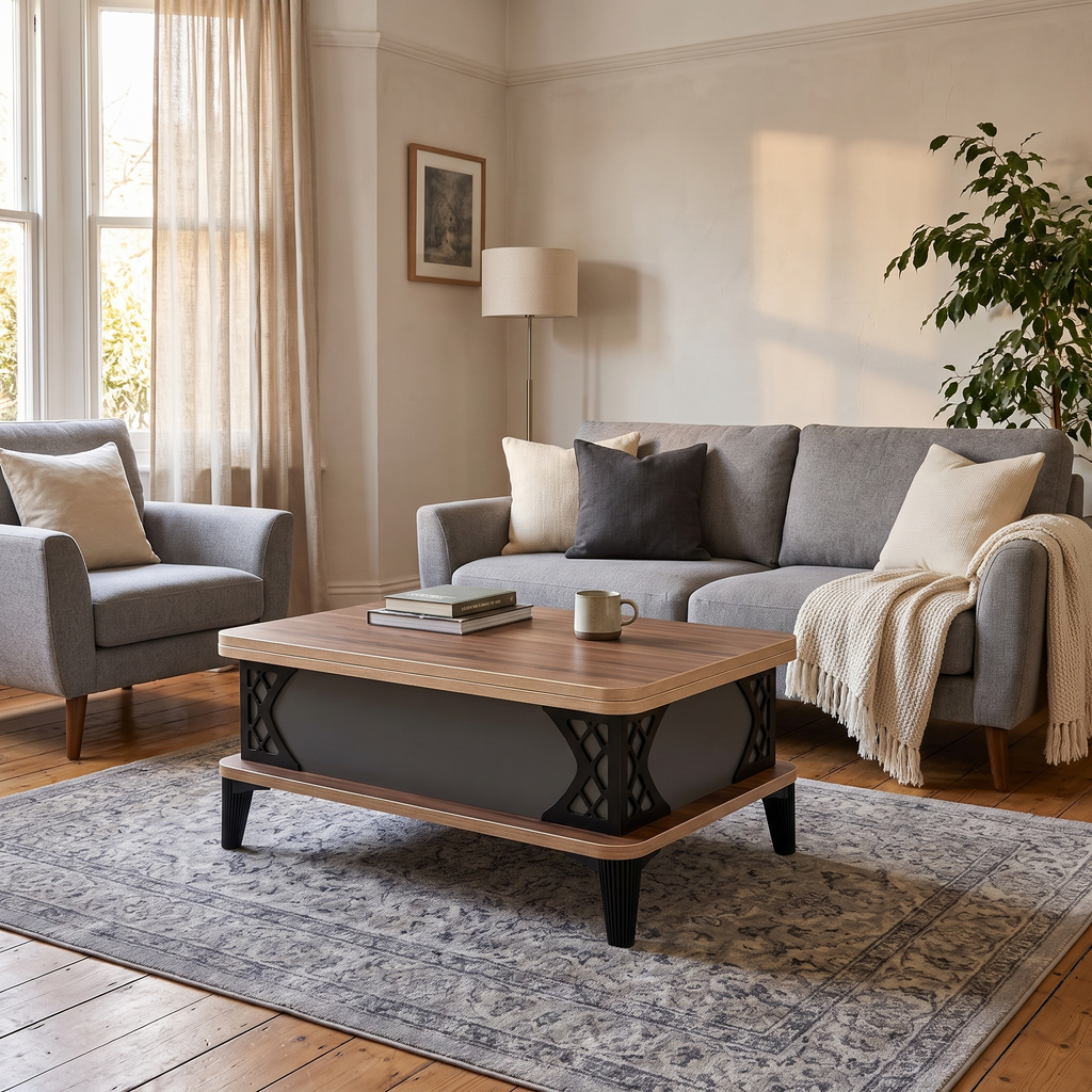 Walnut and graphite lift-top coffee table closed — walnut top over a graphite grey body on black legs