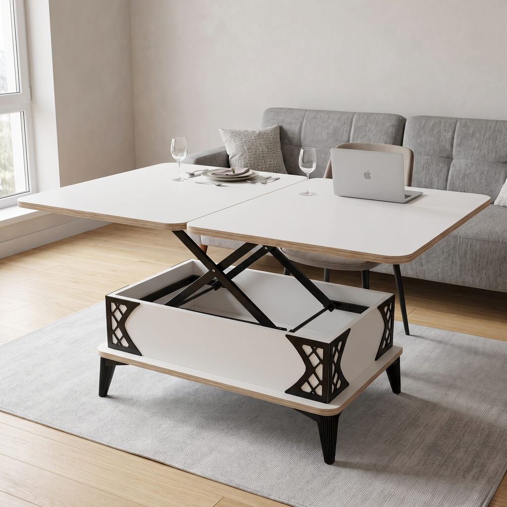 The ivory and black table lifted to dining height and unfolded to twice the width